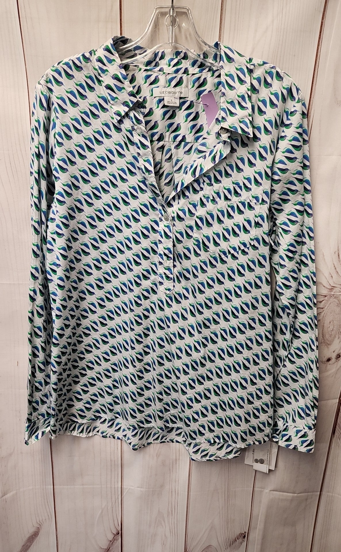 NWT Liz Claiborne Women's Size L White & Blue Long Sleeve Top