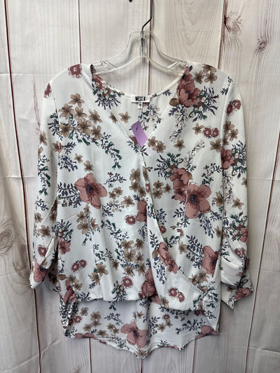 West K Women's Size M White & Pink Floral 3/4 Sleeve Top