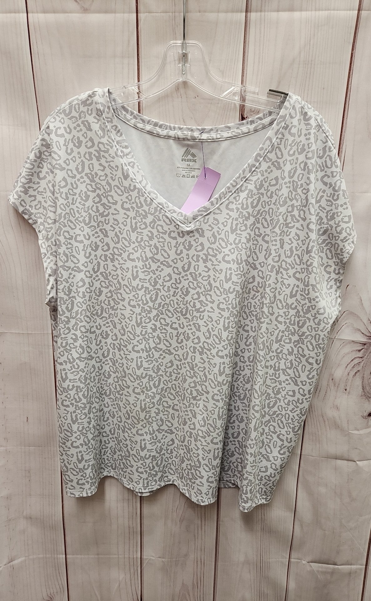 Rbx Women's Size 1X Gray Animal Print Short Sleeve Top