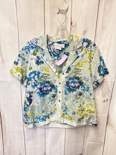 Anthropologie Women's Size S Petite White & Blue Floral Short Sleeve Top