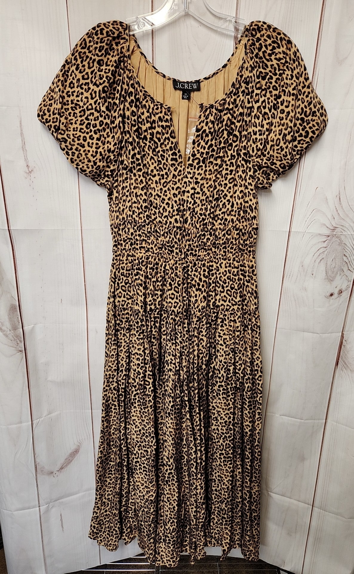 J Crew Women's Size XS Elena Puff-Sleeve Dress in Leopard Crepe de Chine