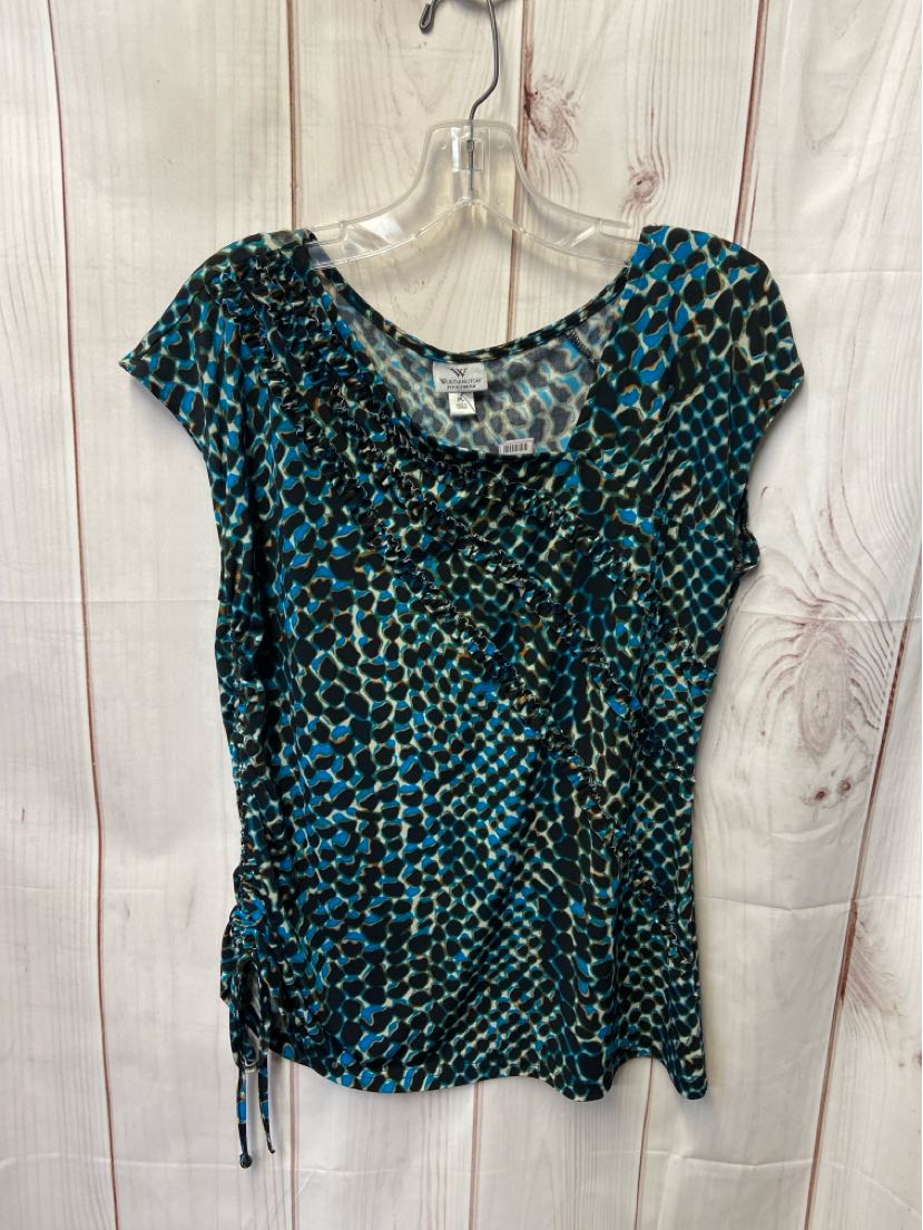 Worthington Women's Size L Petite Black & Blue Short Sleeve Top