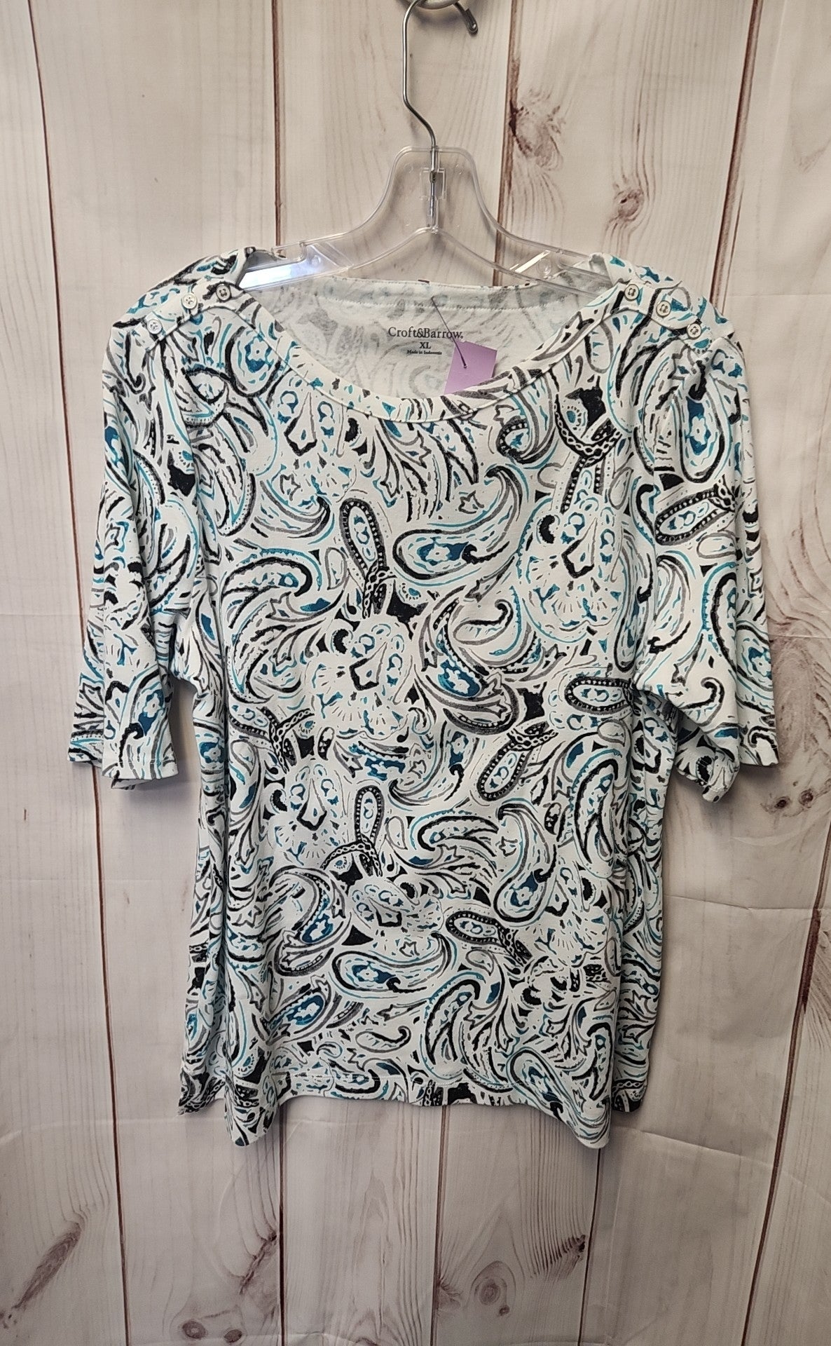 Croft & Barrow Women's Size XL White & Blue Short Sleeve Top