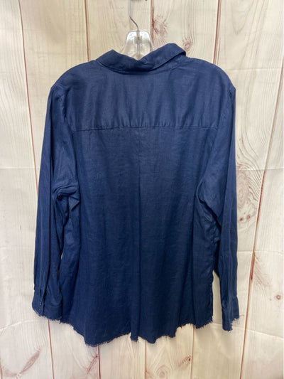 INC Women's Size 2X Navy Linen Long Sleeve Top