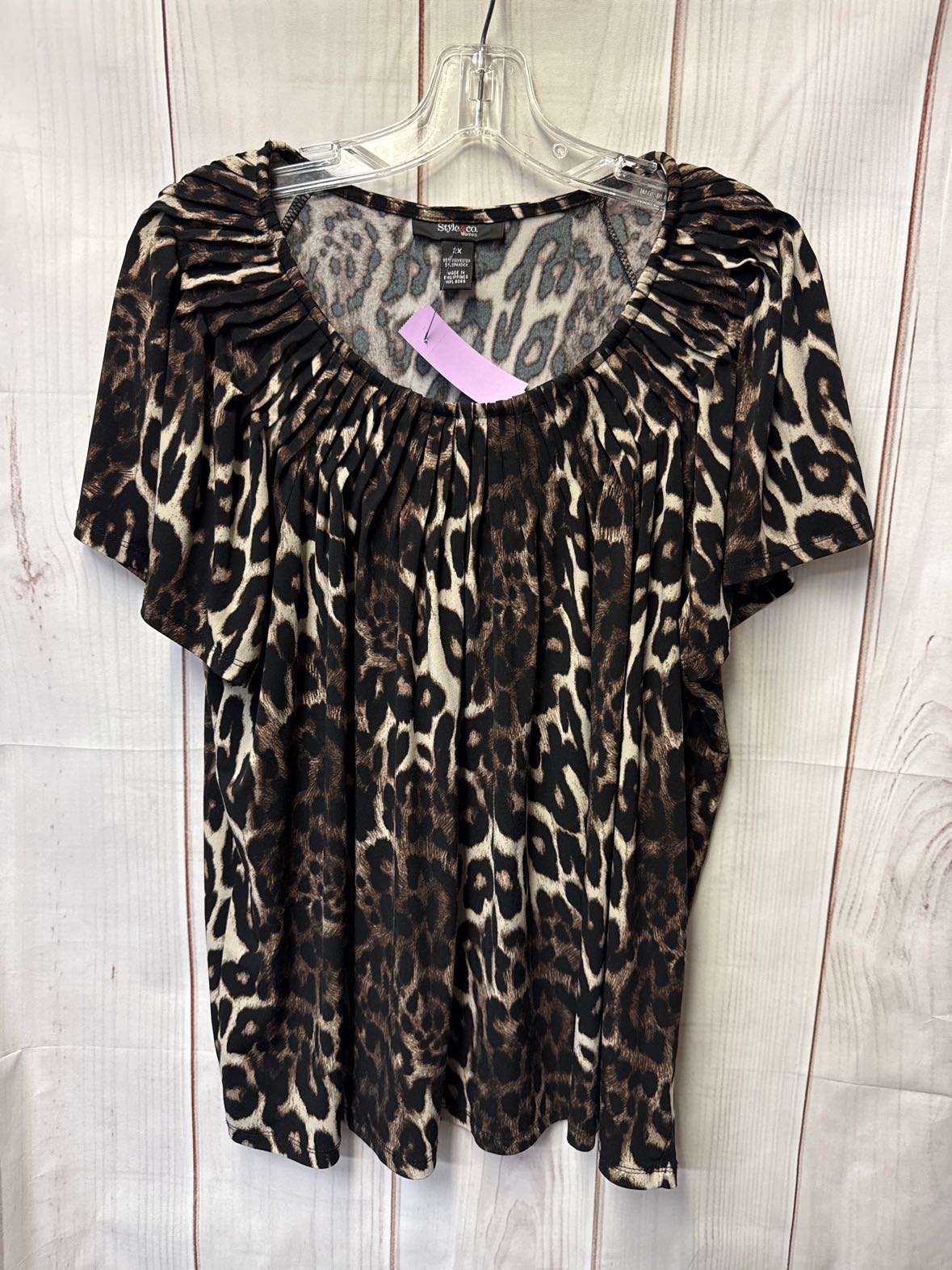 Style & Co Women's Size 2X Brown Animal Print Short Sleeve Top