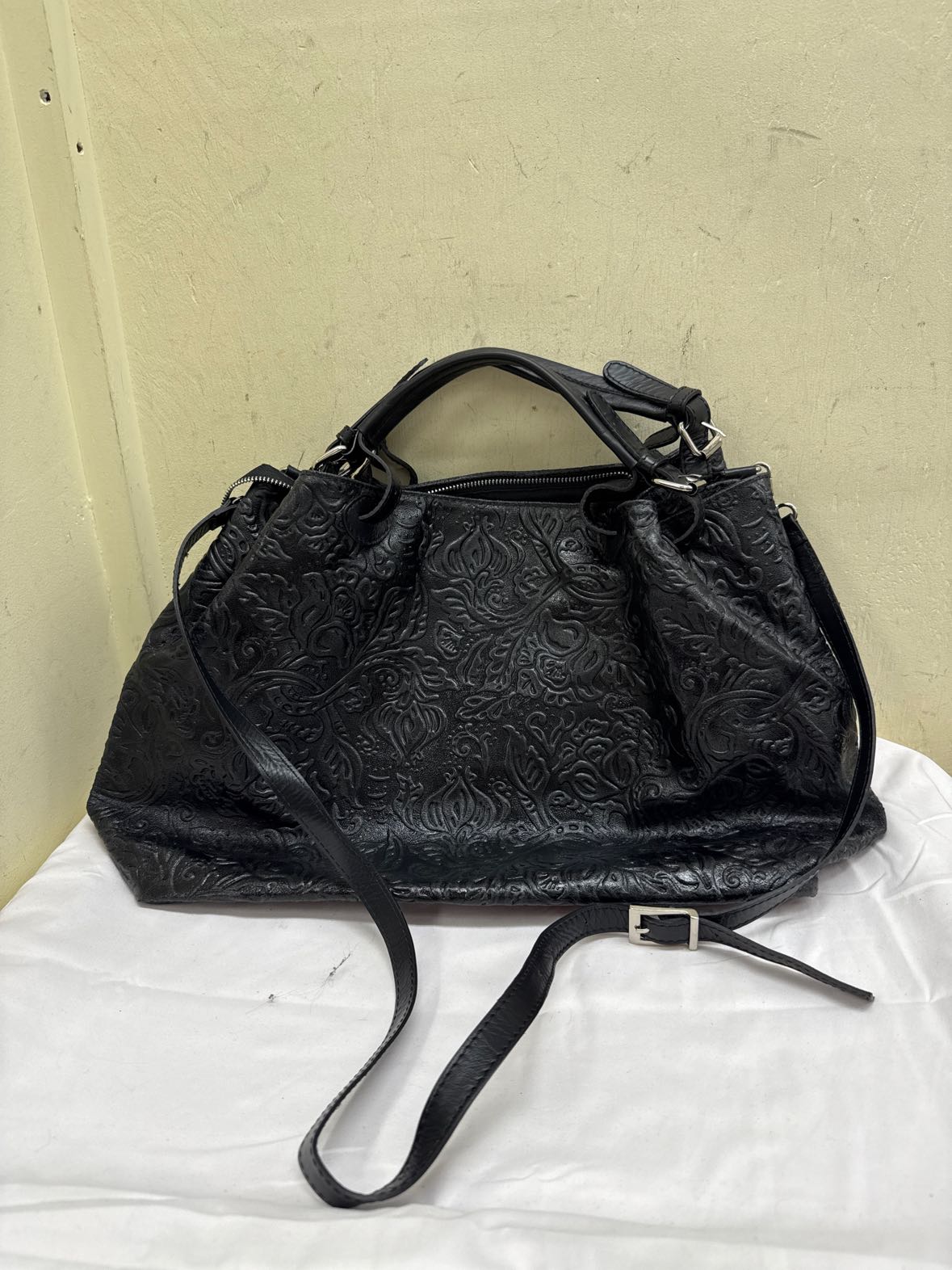 Isadora Black Tooled Leather Tote Bag