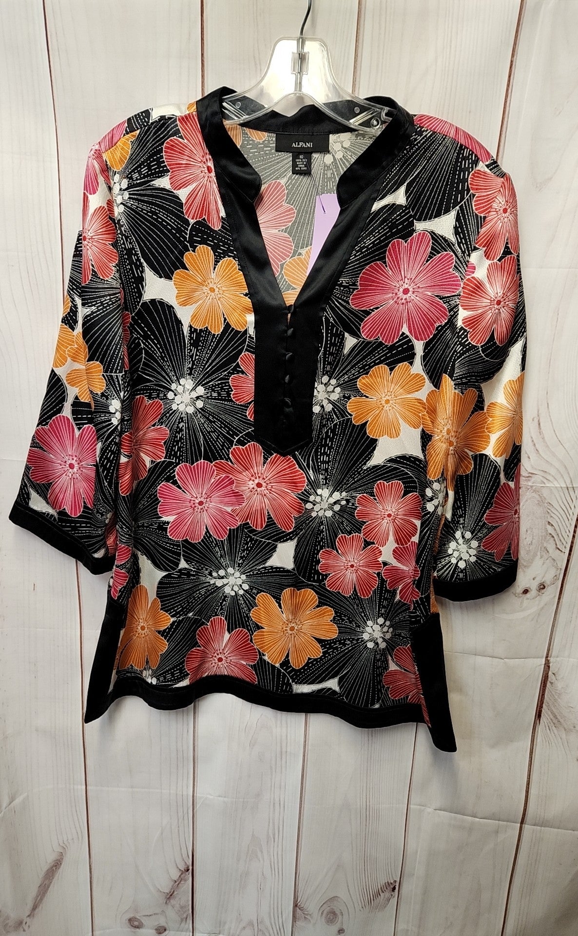 Alfani Women's Size 10 Black & Pink Floral 3/4 Sleeve Top