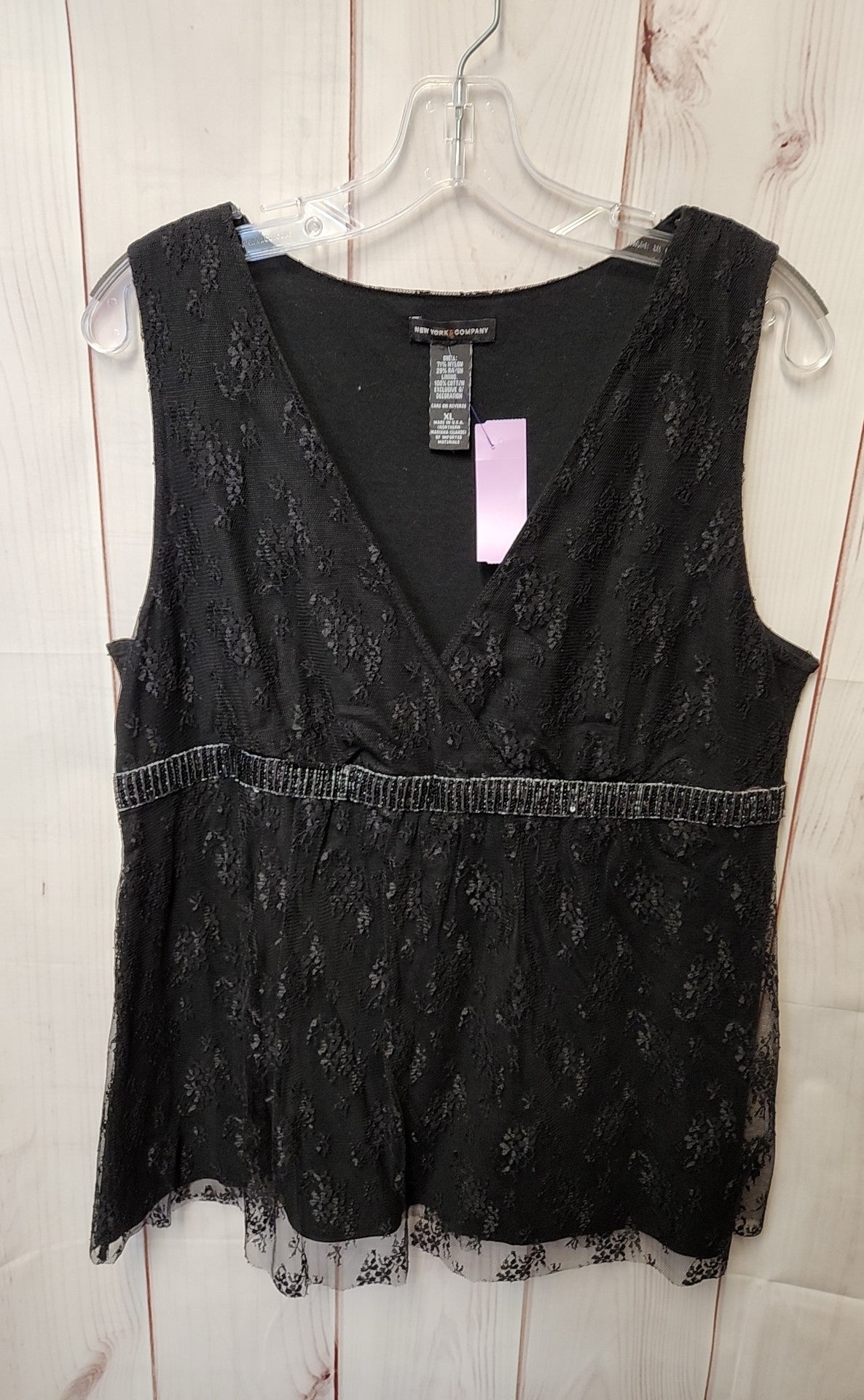 New York & Company Women's Size XL Black Lace Beaded Sleeveless Top