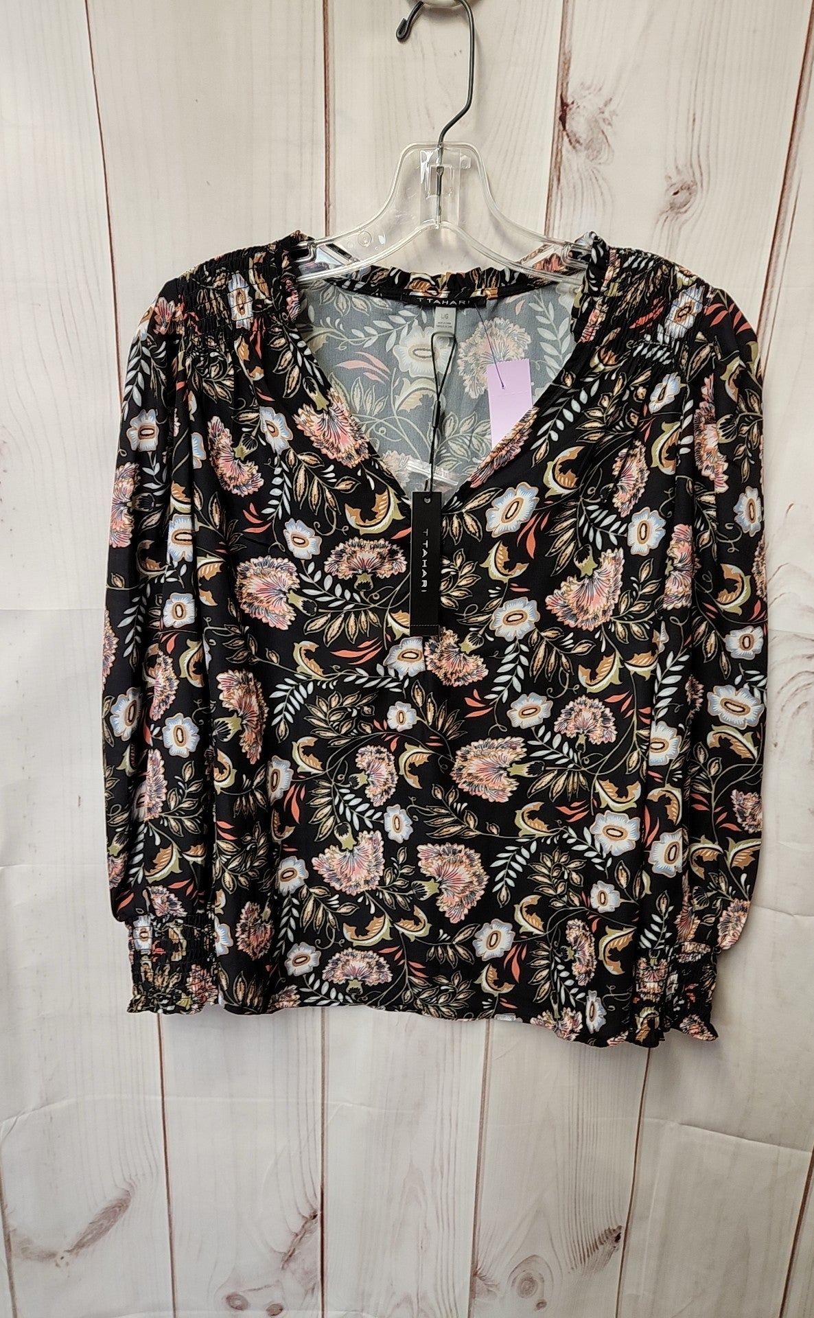 NWT Tahari Women's Size L Black Floral Long Sleeve Top