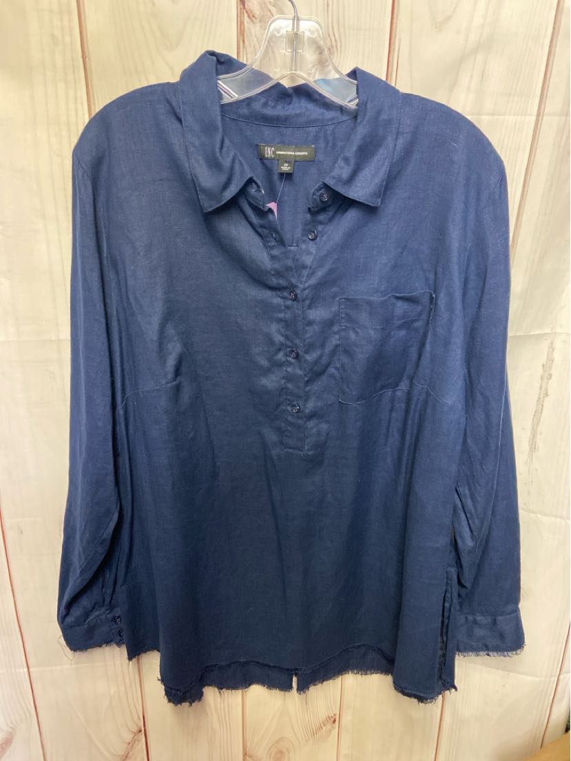 INC Women's Size 2X Navy Linen Long Sleeve Top